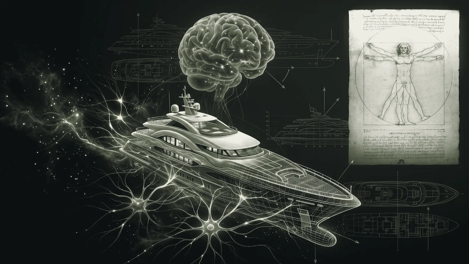 Monochrome collage: a superyacht in wireframe, a human brain, neurons and Leonardo’s Vitruvian Man
