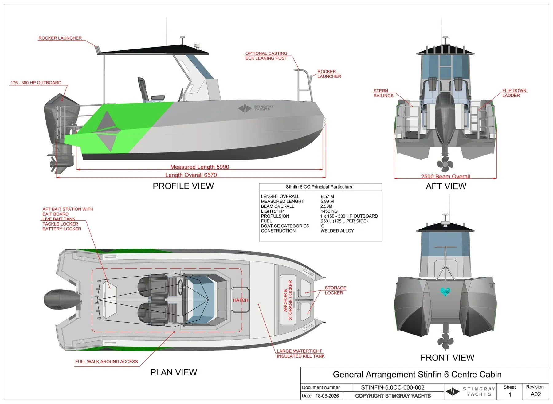 Общее расположение, STINGFIN 6 Centre Cabin — чертёж STINFIN-6.0CC-000-002, лист 1, ред. A02 от 18 августа 2026 года. Чертёж сделан до проектных решений 3 и 4 сентября и ещё показывает прежние ширину, водоизмещение порожнём и запас топлива; действует спецификация выше