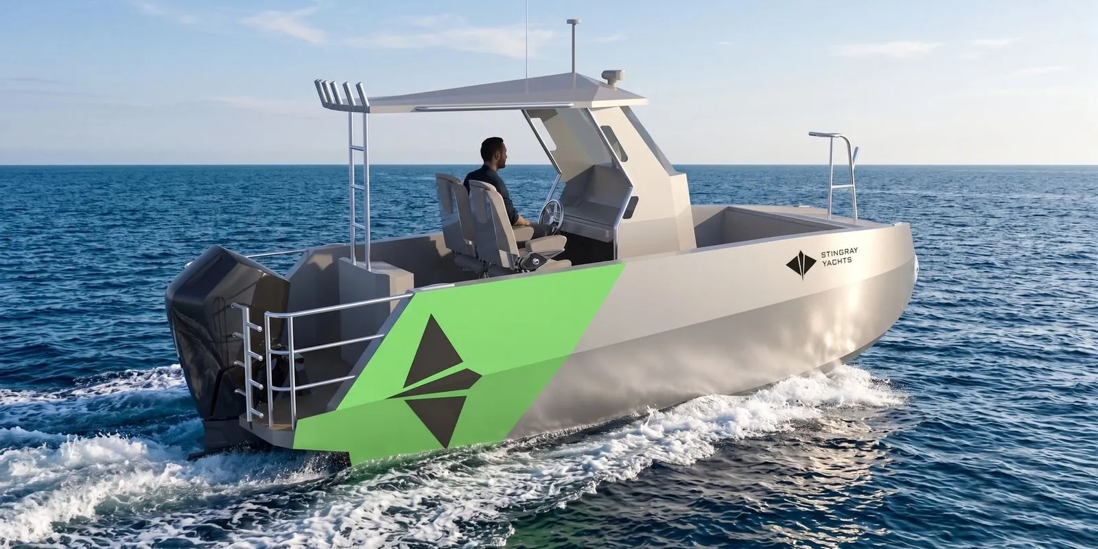STINGFIN 6 на ходу, правая носовая раковина: хардтоп над центральной консолью, палуба с обходом вокруг консоли и двухкорпусной транец