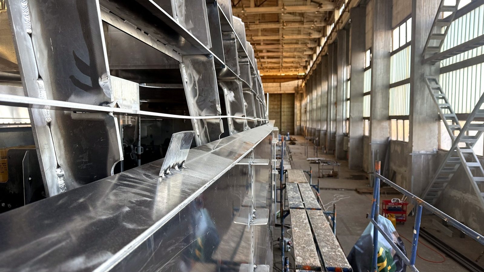 Aluminium hull structure under assembly in the production hall at Burgas