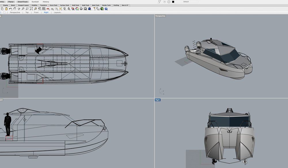 The hull model in CAD, four viewports