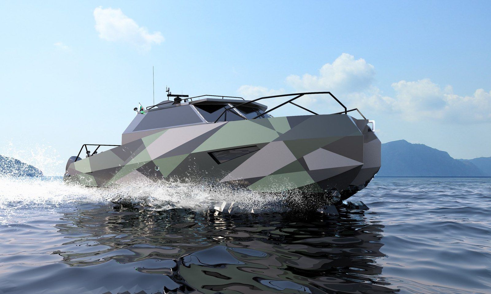 Faceted aluminium catamaran under way off the coast