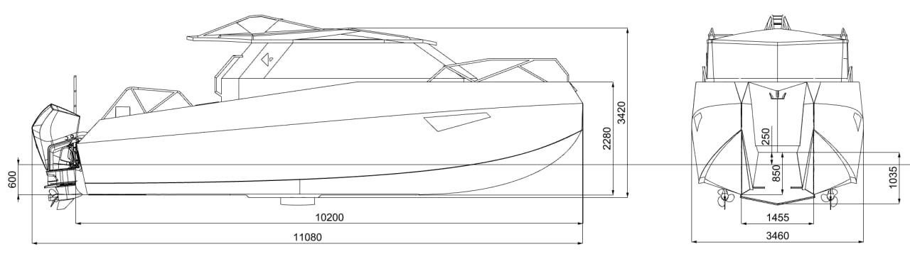 Gerris general arrangement — 10,200 mm hull, 11,380 mm with drives, 3,460 mm beam